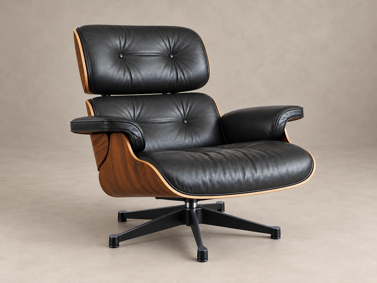 Render di una poltrona in pelle nera con struttura in legno